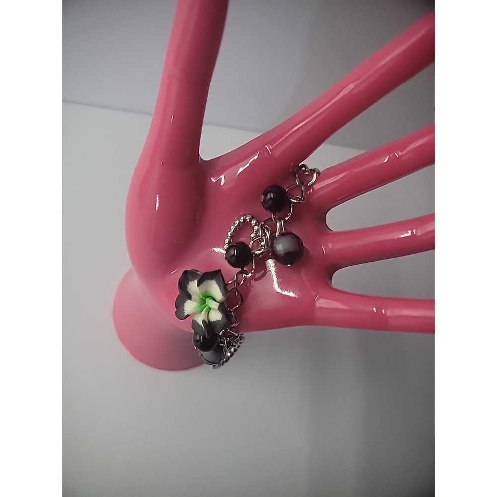 Vintage Bracelet Chain Drop Dangle Flowers Beaded Black Hearts Charm Jewelry - Picture 7 of 10
